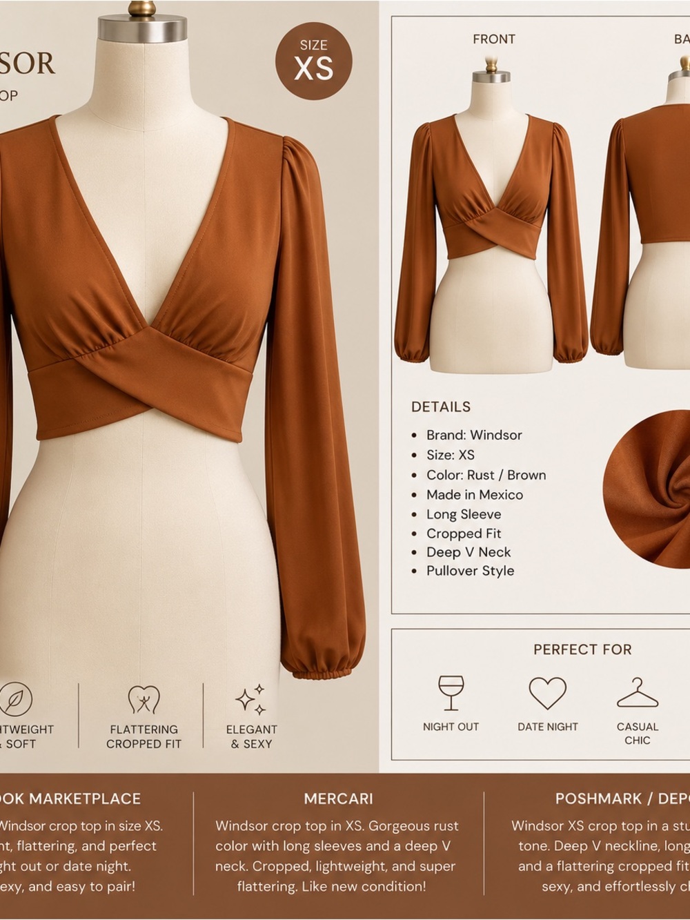 Windsor Rust Brown Twisted Front Long-Sleeve Crop Top